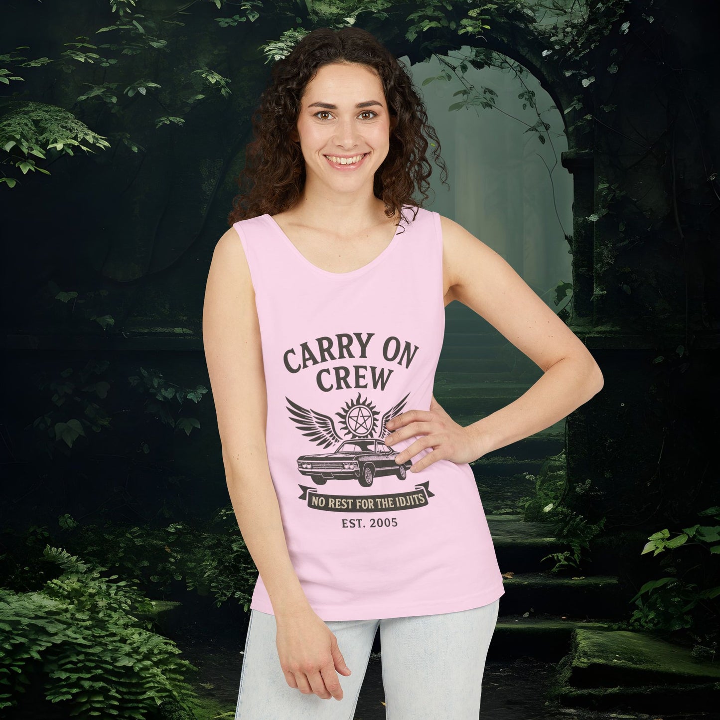 Carry On Crew Unisex Garment-Dyed Tank Top - Supernatural Fan Design | Vintage Rock Tour Graphic | No Rest for the Idjits