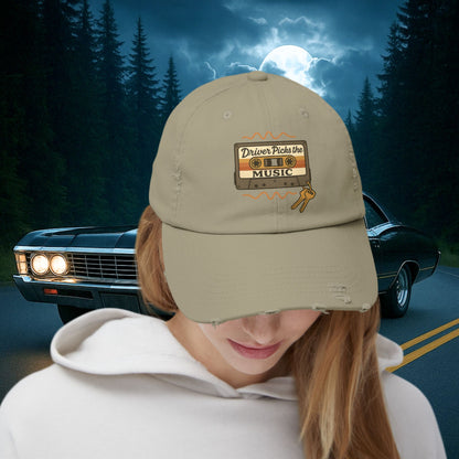Driver Picks the Music Distressed Cap - Supernatural Fan Design | Vintage Hat | Classic Rock Fan Gift for Hunters & Road Warriors