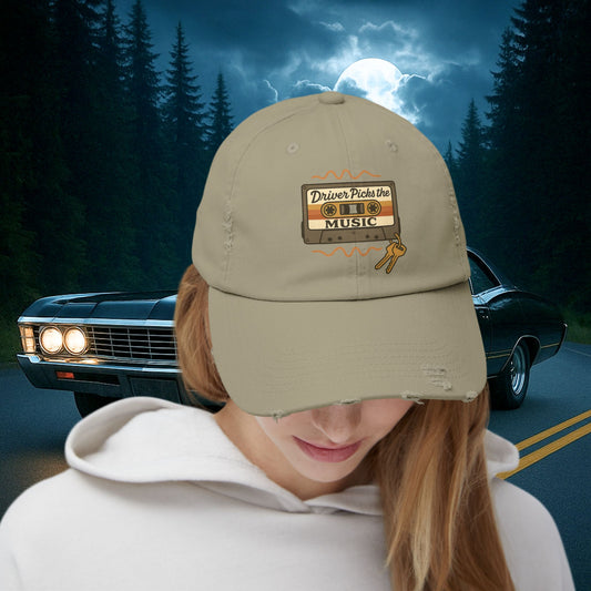 Driver Picks the Music Distressed Cap - Supernatural Fan Design | Vintage Hat | Classic Rock Fan Gift for Hunters & Road Warriors