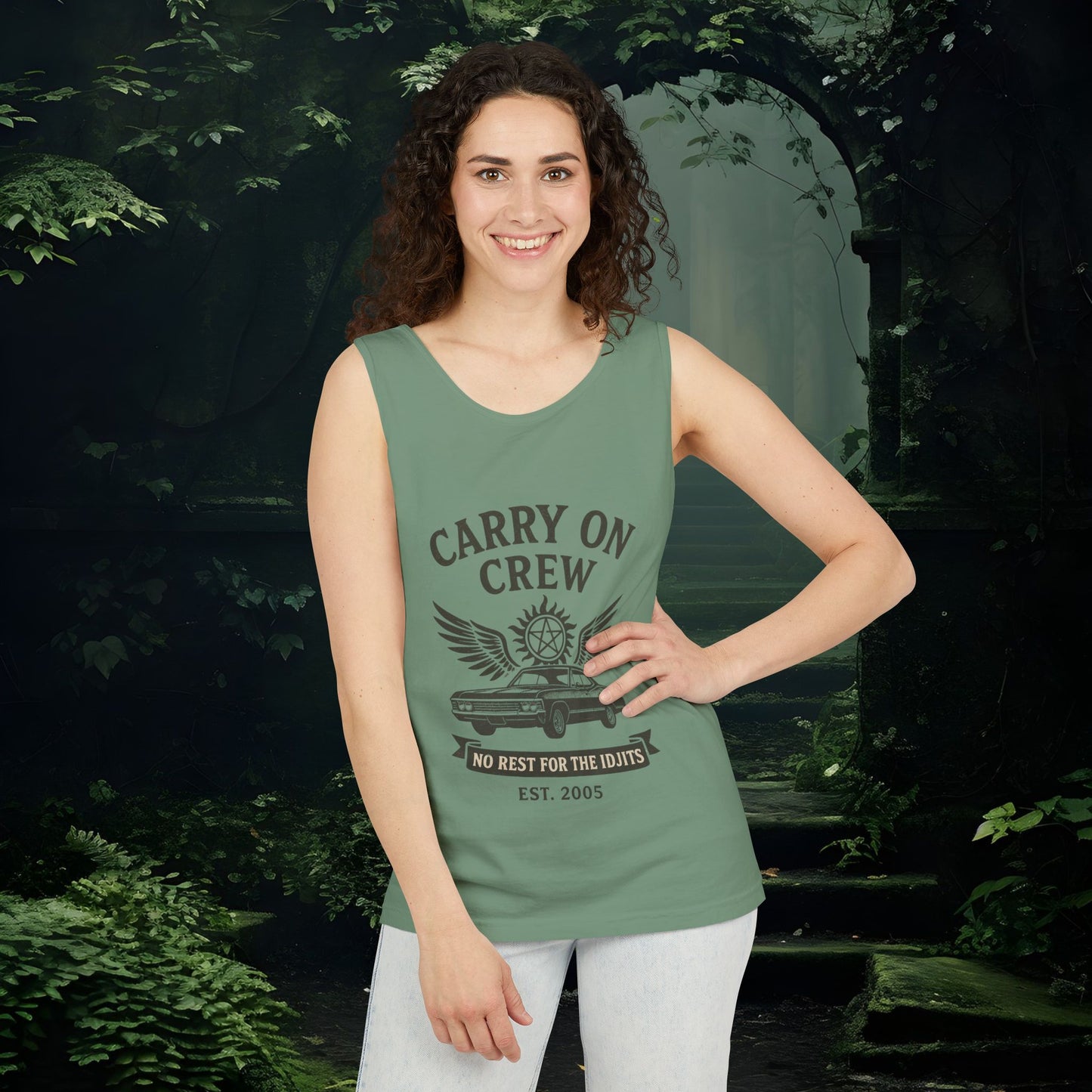 Carry On Crew Unisex Garment-Dyed Tank Top - Supernatural Fan Design | Vintage Rock Tour Graphic | No Rest for the Idjits