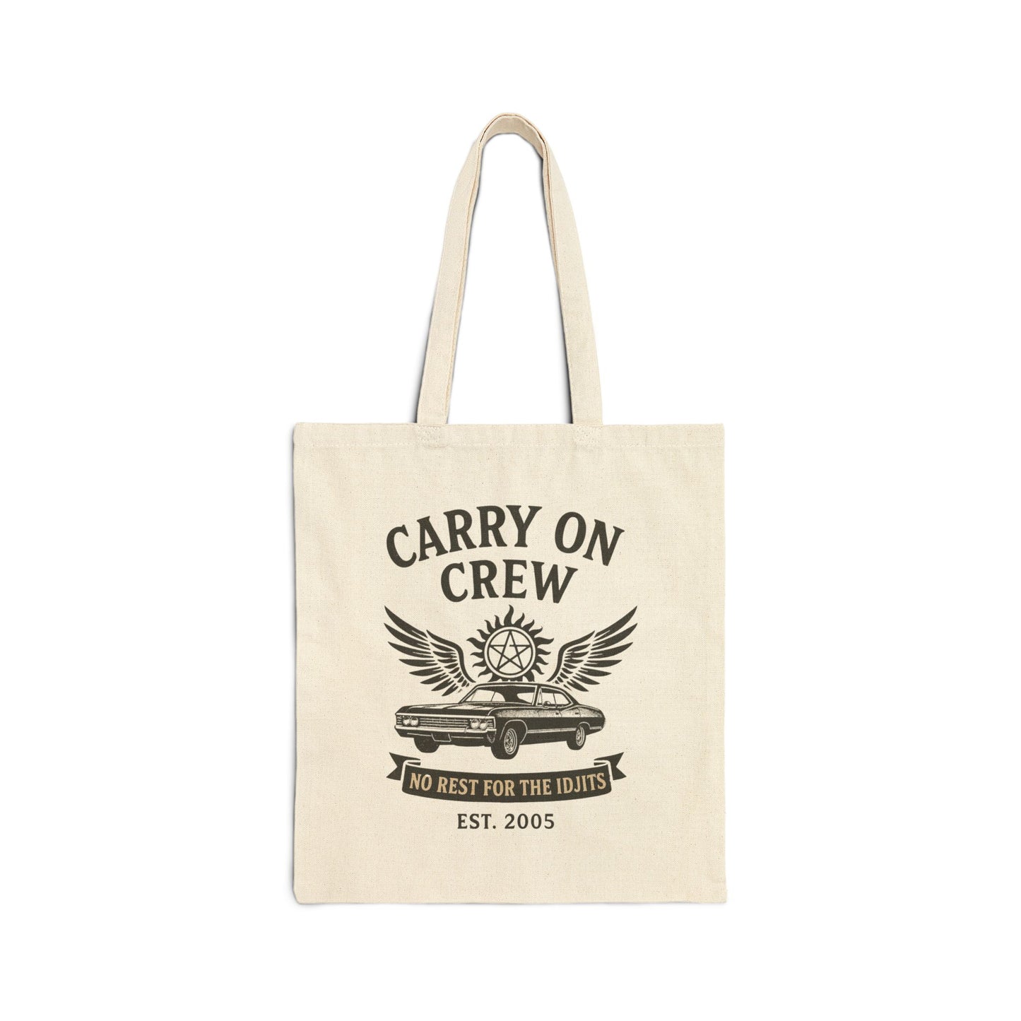 Carry On Crew Cotton Canvas Tote Bag - Supernatural Fan Design | Reusable Shopping & Everyday Bag | No Rest for the Idjits