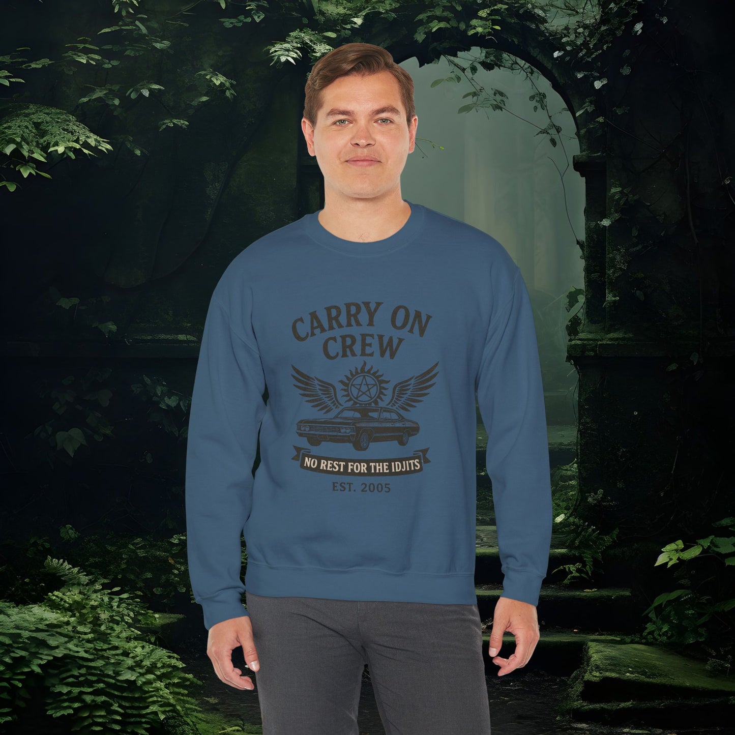 Carry On Crew Sweatshirt | Supernatural-Inspired Crewneck | No Rest for the Idjits | Unisex Gildan 18000 Pullover
