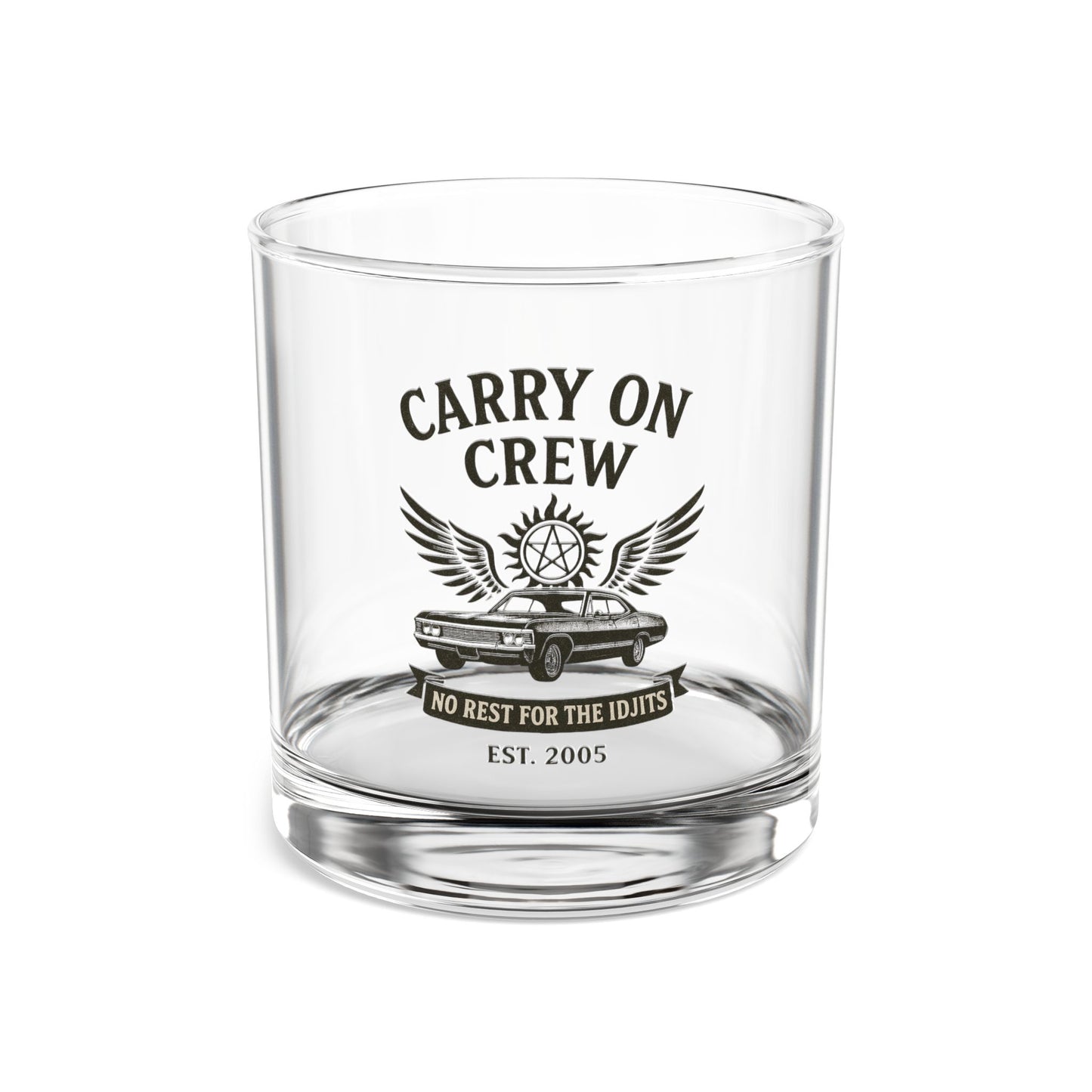 Carry On Crew Whiskey Glass - Supernatural Fan Design | 10oz Rocks Glass | Winchester-Style Drinking Glass