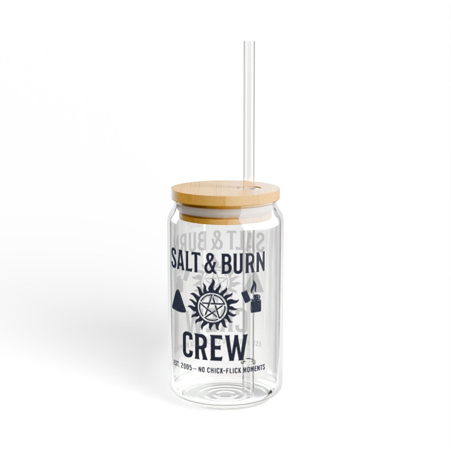 Salt & Burn Crew 16oz Sipper Glass - Supernatural Fan Design | Grunge Aesthetic Glass Cup with Bamboo Lid & Straw