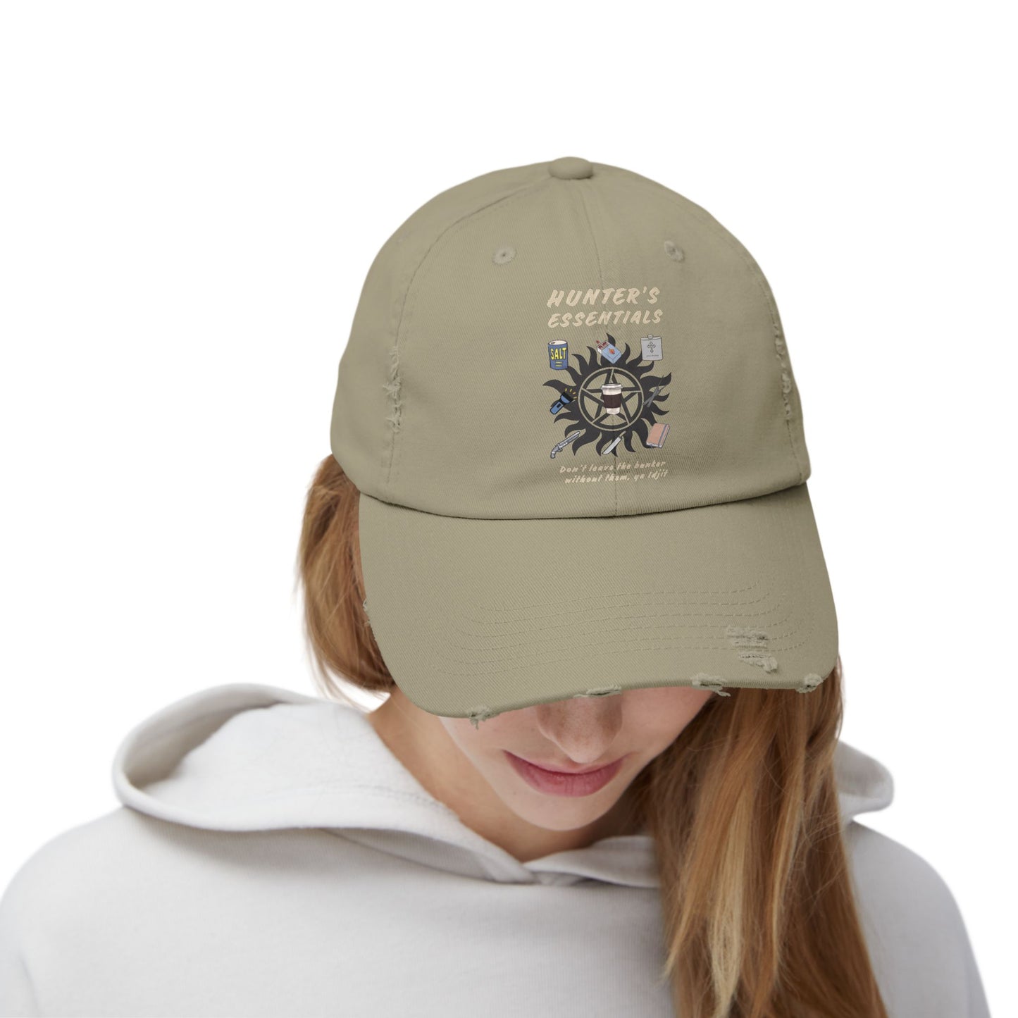 Hunter's Essentials Distressed Hat - Supernatural Fan Design | Olive Green Cap | Vintage Fandom Headwear