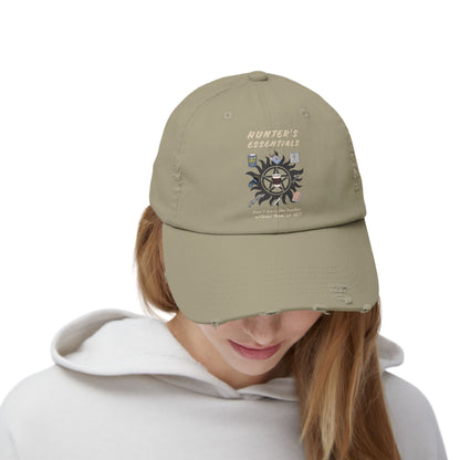 Hunter's Essentials Distressed Hat - Supernatural Fan Design | Olive Green Cap | Vintage Fandom Headwear