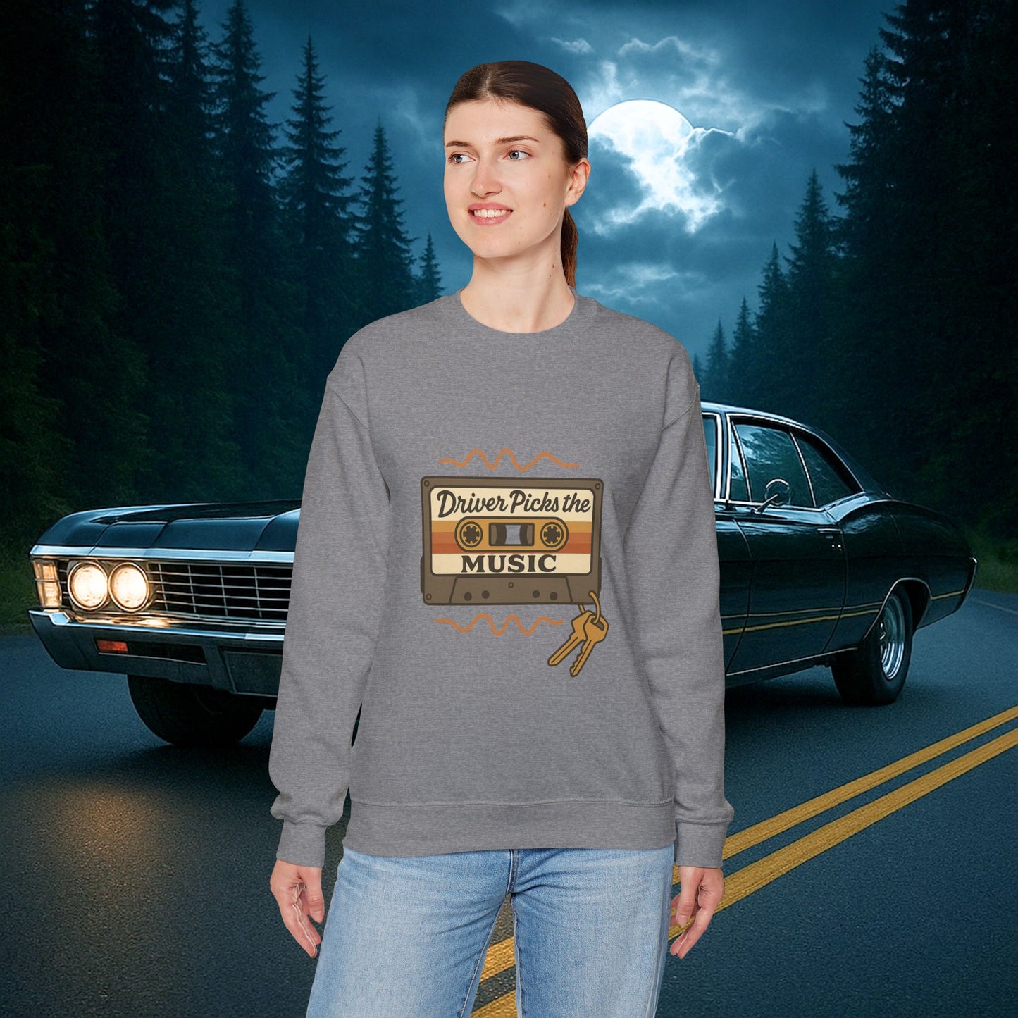 Driver Picks the Music Crewneck Sweatshirt - Supernatural Fan Design | Pullover | Vintage Road Trip Sweatshirt