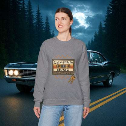 Driver Picks the Music Crewneck Sweatshirt - Supernatural Fan Design | Pullover | Vintage Road Trip Sweatshirt