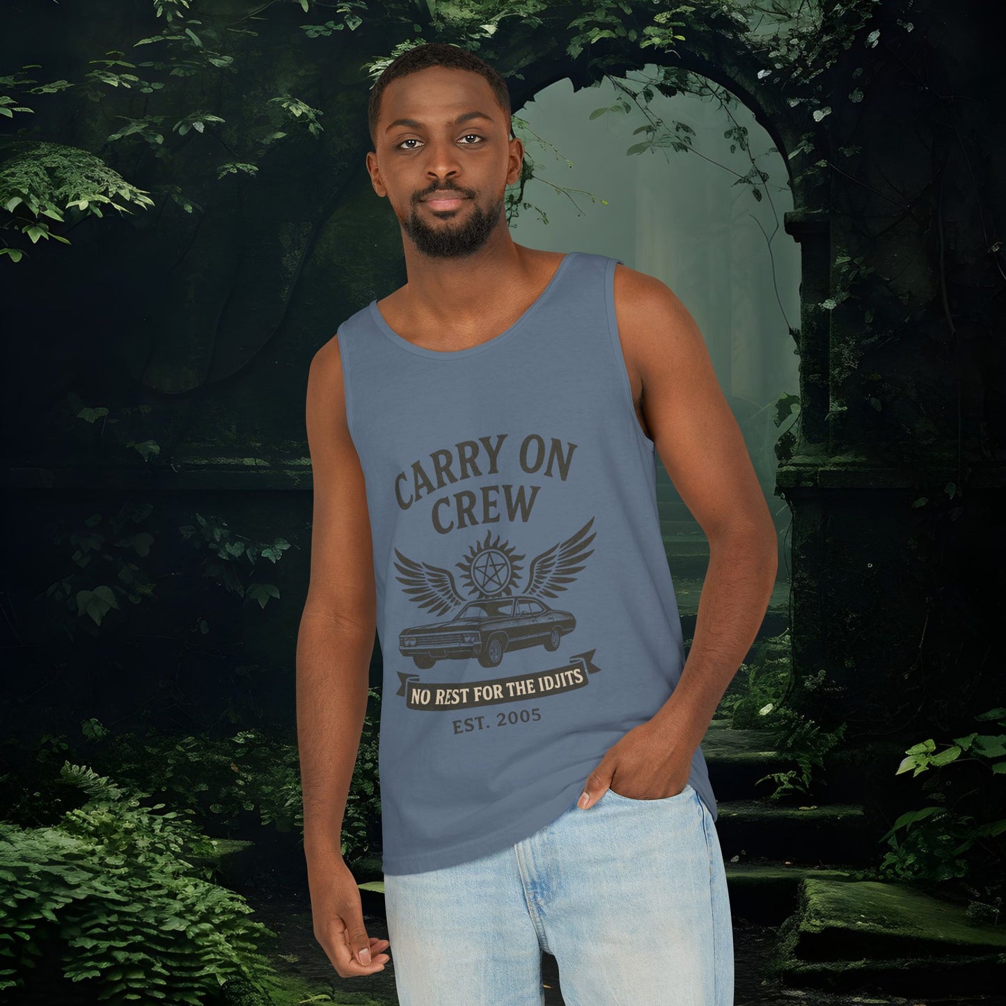 Carry On Crew Unisex Garment-Dyed Tank Top - Supernatural Fan Design | Vintage Rock Tour Graphic | No Rest for the Idjits