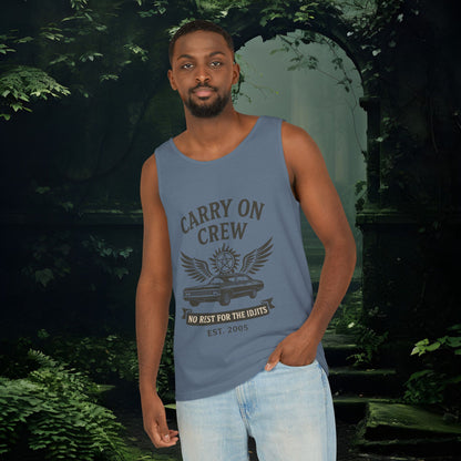 Carry On Crew Unisex Garment-Dyed Tank Top - Supernatural Fan Design | Vintage Rock Tour Graphic | No Rest for the Idjits