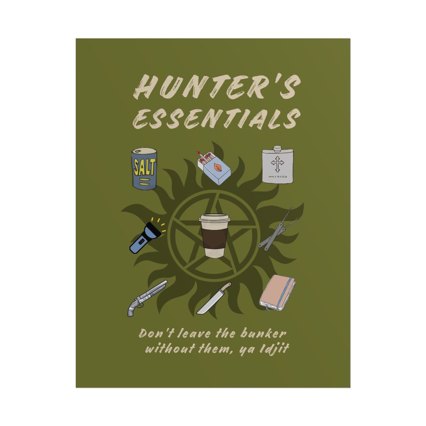 Hunter's Essentials Poster - Supernatural Fan Design | Wall Art for Fans | Olive Green Hunter Gear Print
