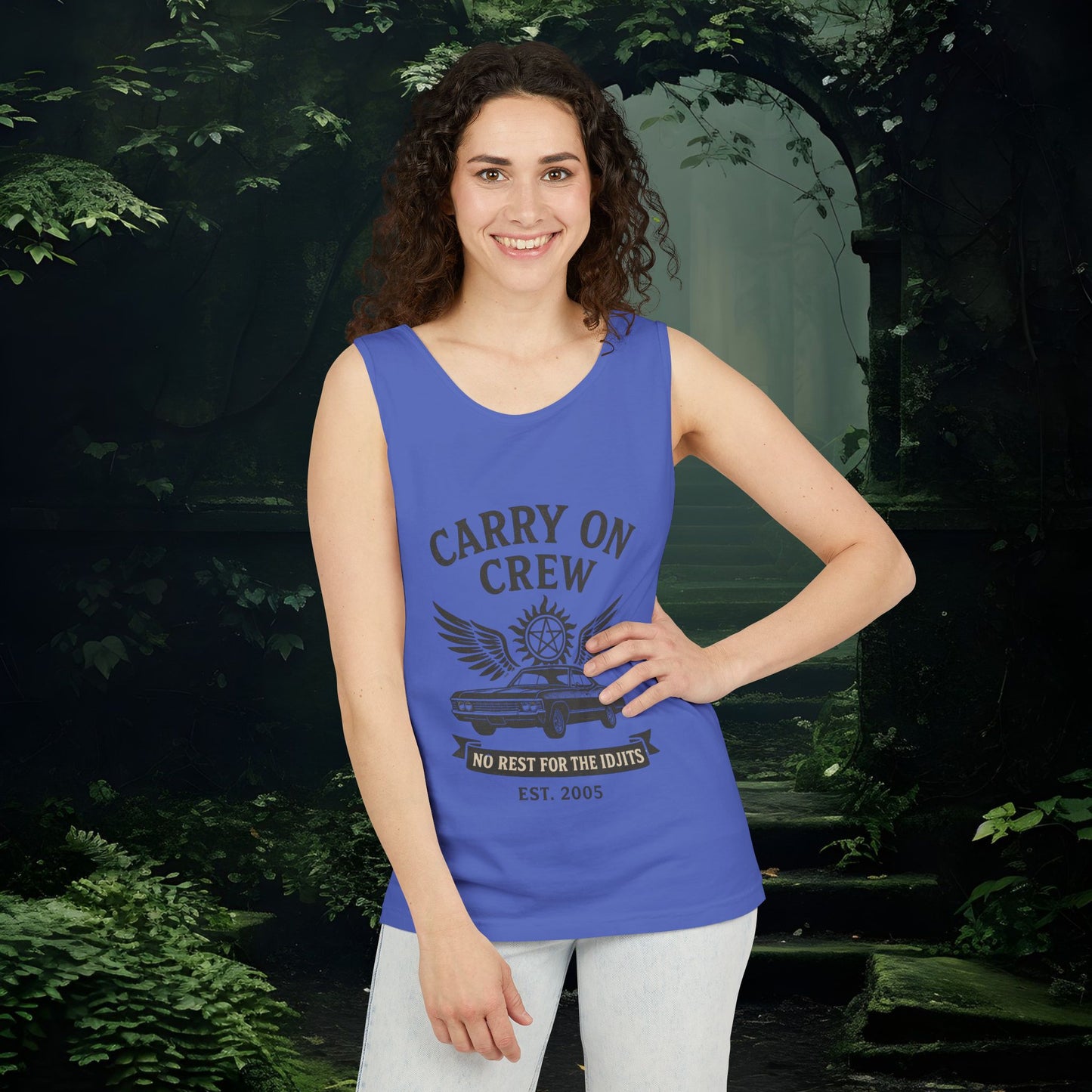 Carry On Crew Unisex Garment-Dyed Tank Top - Supernatural Fan Design | Vintage Rock Tour Graphic | No Rest for the Idjits