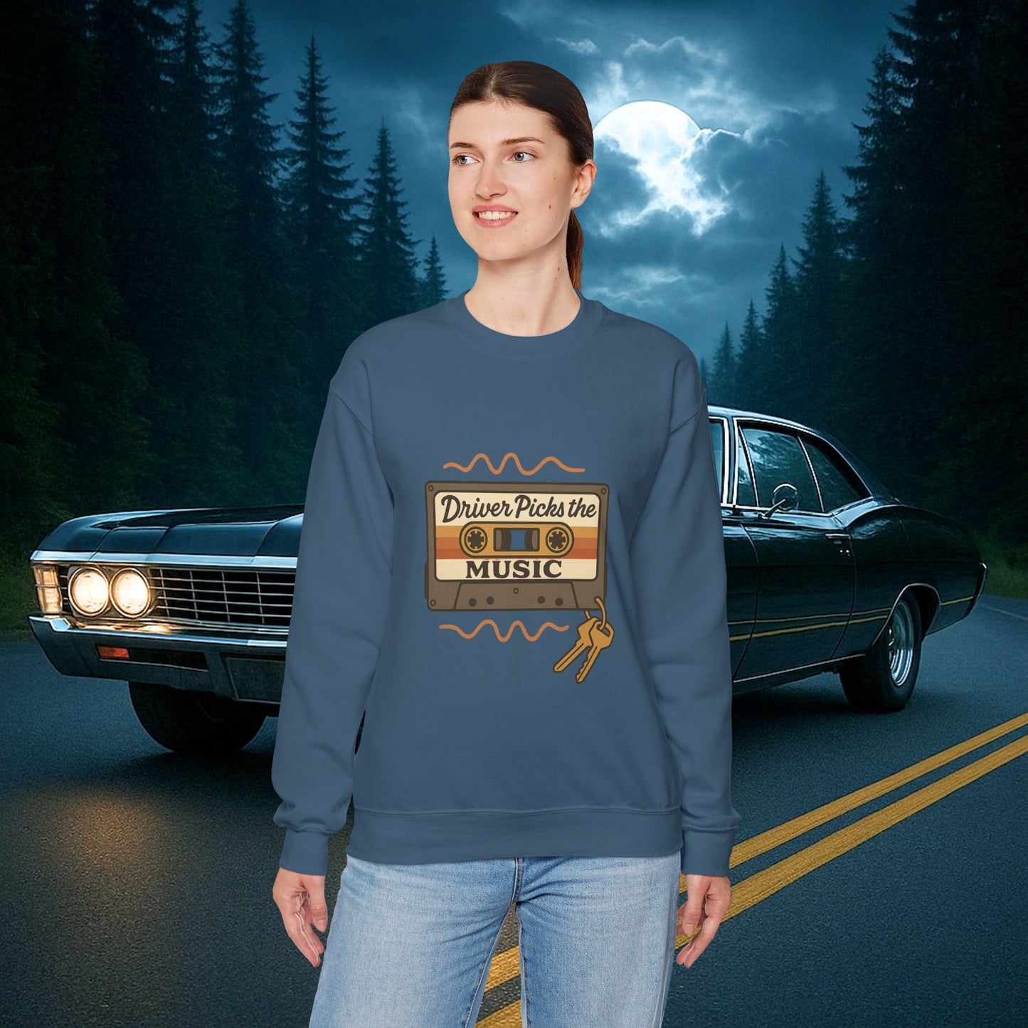 Driver Picks the Music Crewneck Sweatshirt - Supernatural Fan Design | Pullover | Vintage Road Trip Sweatshirt