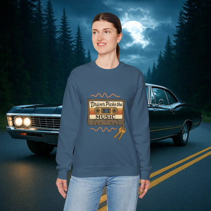 Driver Picks the Music Crewneck Sweatshirt - Supernatural Fan Design | Pullover | Vintage Road Trip Sweatshirt