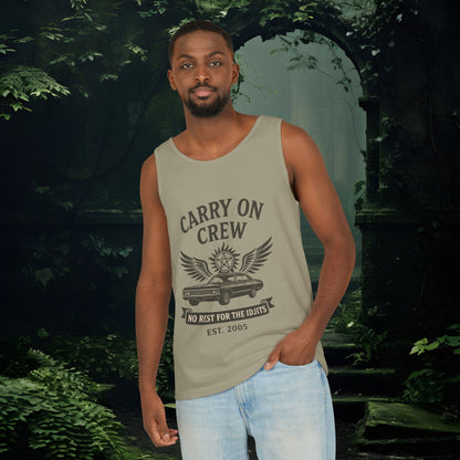 Carry On Crew Unisex Garment-Dyed Tank Top - Supernatural Fan Design | Vintage Rock Tour Graphic | No Rest for the Idjits