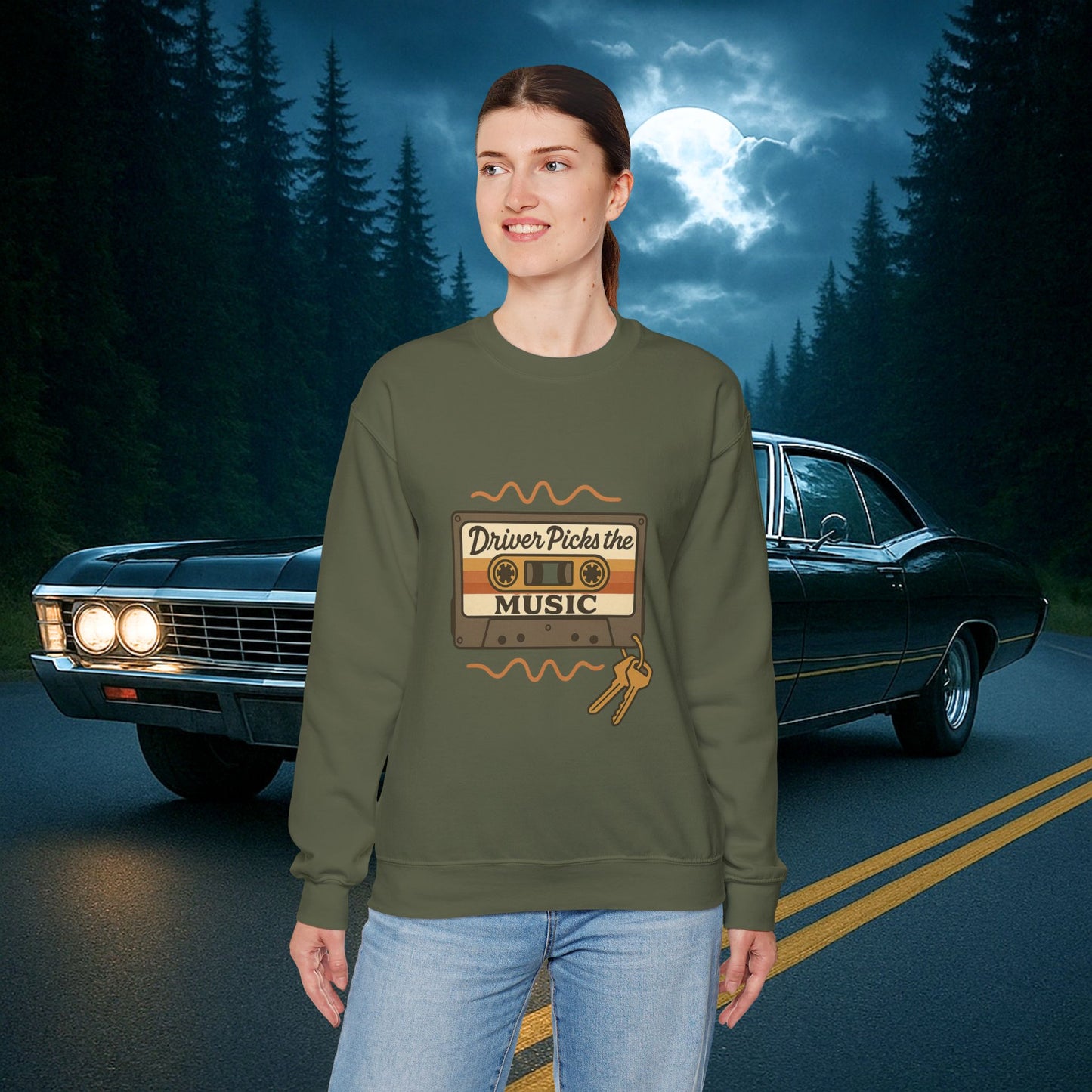 Driver Picks the Music Crewneck Sweatshirt - Supernatural Fan Design | Pullover | Vintage Road Trip Sweatshirt