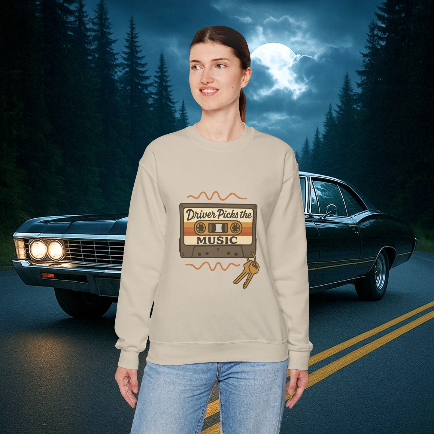 Driver Picks the Music Crewneck Sweatshirt - Supernatural Fan Design | Pullover | Vintage Road Trip Sweatshirt