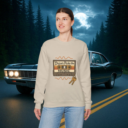 Driver Picks the Music Crewneck Sweatshirt - Supernatural Fan Design | Pullover | Vintage Road Trip Sweatshirt