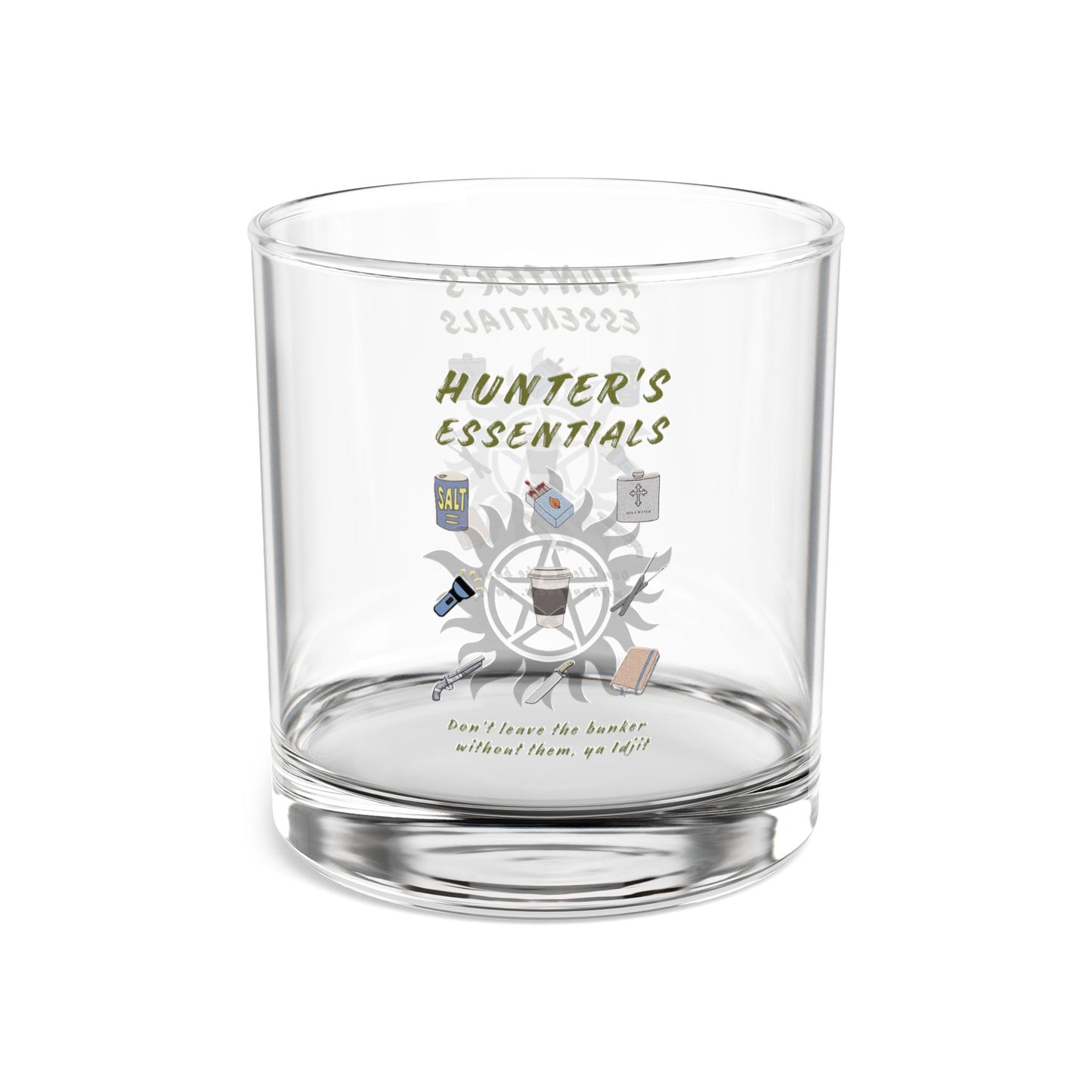 Hunter's Essentials Whiskey Glass - Supernatural Fan Design | 10oz Rocks Glass | Fandom Drinkware