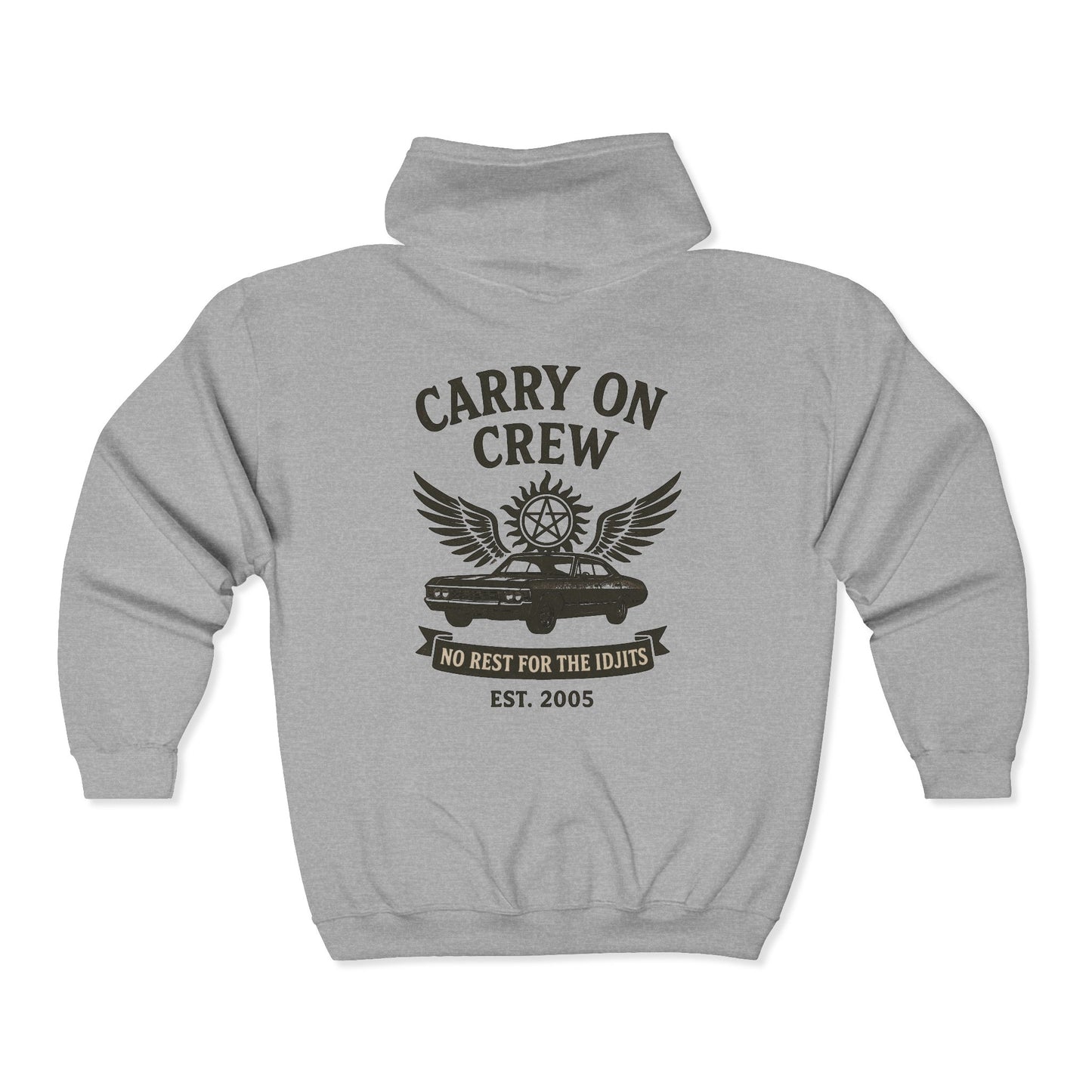 Carry On Crew Zip Hoodie - Supernatural Fan Design | Full Zip Sweatshirt | No Rest for the Idjits