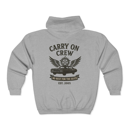 Carry On Crew Zip Hoodie - Supernatural Fan Design | Full Zip Sweatshirt | No Rest for the Idjits