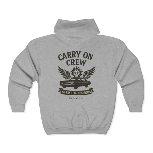 Carry On Crew Zip Hoodie - Supernatural Fan Design | Full Zip Sweatshirt | No Rest for the Idjits