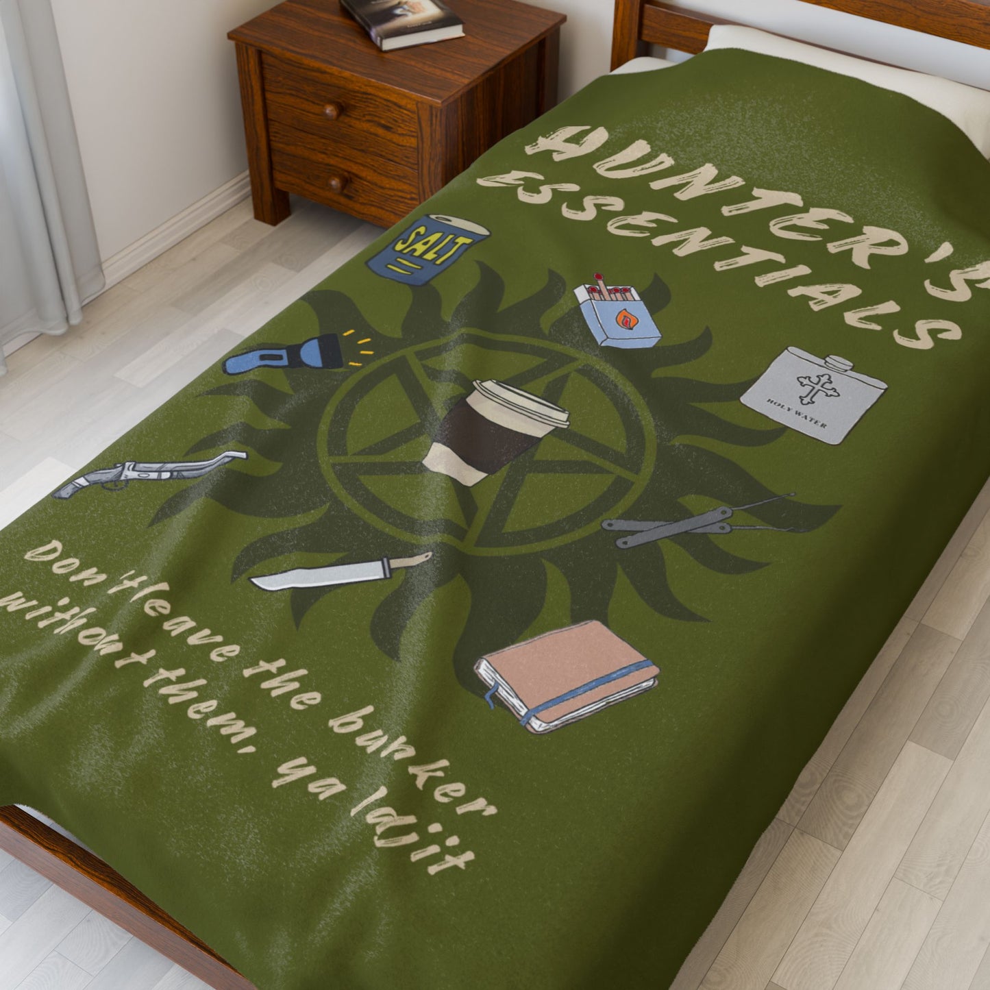 Hunter's Essentials Plush Velveteen Blanket - Supernatural Fan Design | Cozy Throw | Olive Green Fandom Blanket