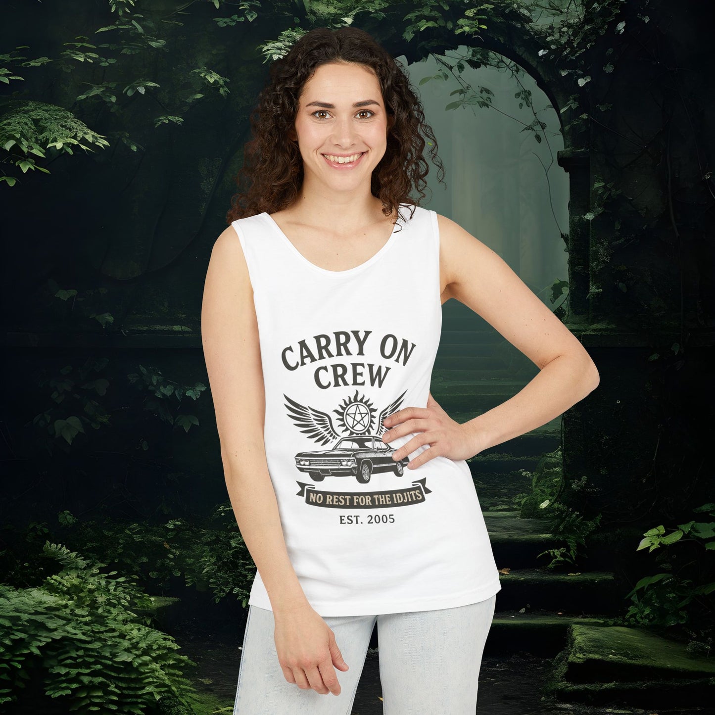 Carry On Crew Unisex Garment-Dyed Tank Top - Supernatural Fan Design | Vintage Rock Tour Graphic | No Rest for the Idjits