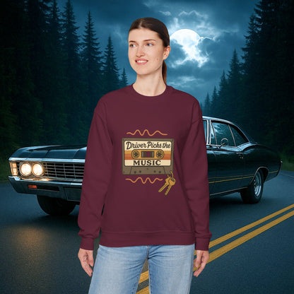 Driver Picks the Music Crewneck Sweatshirt - Supernatural Fan Design | Pullover | Vintage Road Trip Sweatshirt