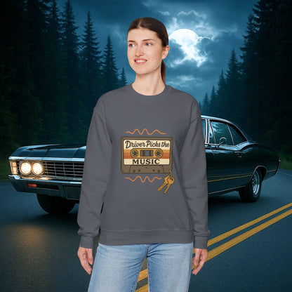 Driver Picks the Music Crewneck Sweatshirt - Supernatural Fan Design | Pullover | Vintage Road Trip Sweatshirt