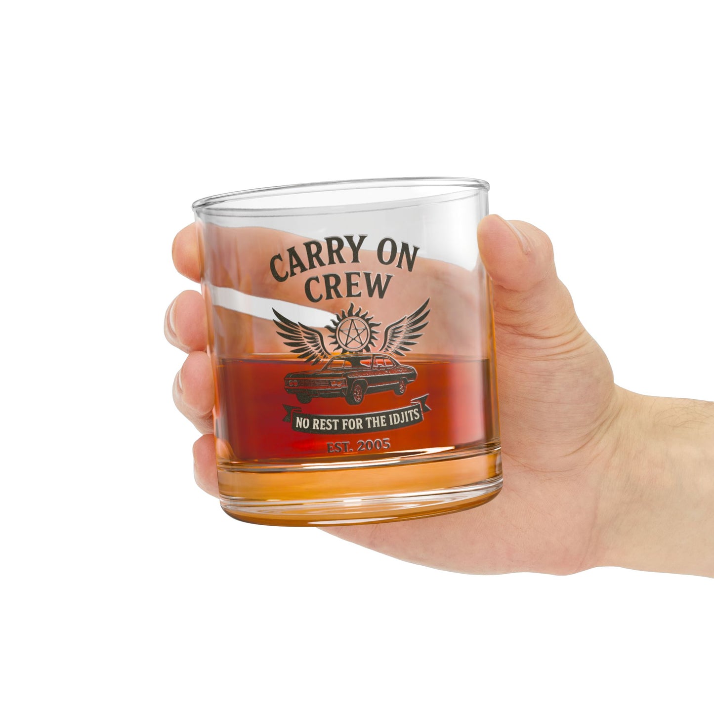 Carry On Crew Whiskey Glass - Supernatural Fan Design | 10oz Rocks Glass | Winchester-Style Drinking Glass