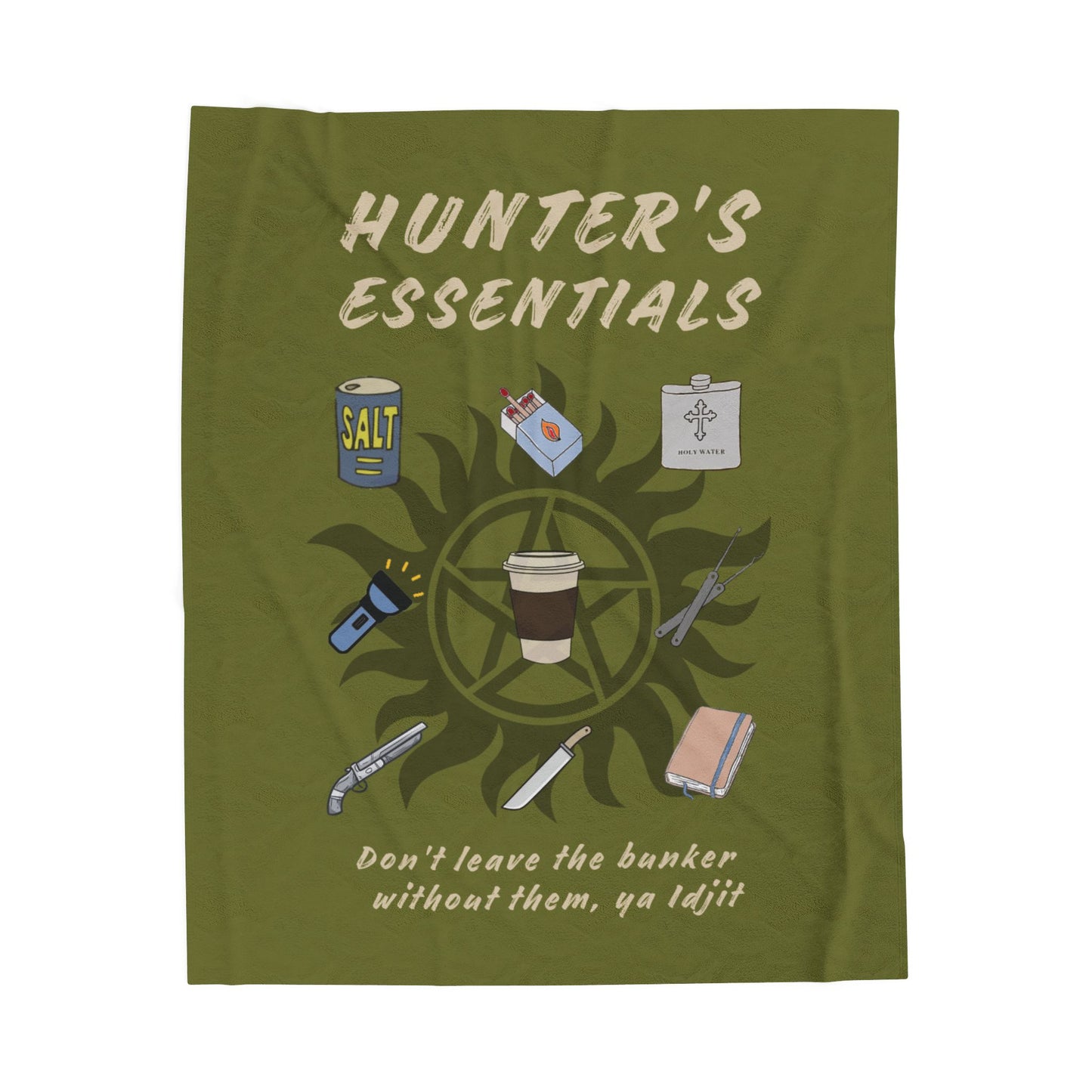 Hunter's Essentials Plush Velveteen Blanket - Supernatural Fan Design | Cozy Throw | Olive Green Fandom Blanket