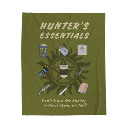 Hunter's Essentials Plush Velveteen Blanket - Supernatural Fan Design | Cozy Throw | Olive Green Fandom Blanket