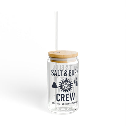 Salt & Burn Crew 16oz Sipper Glass - Supernatural Fan Design | Grunge Aesthetic Glass Cup with Bamboo Lid & Straw