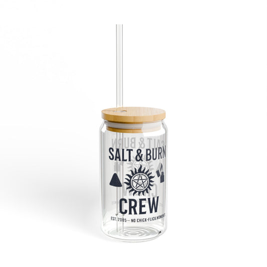 Salt & Burn Crew 16oz Sipper Glass - Supernatural Fan Design | Grunge Aesthetic Glass Cup with Bamboo Lid & Straw