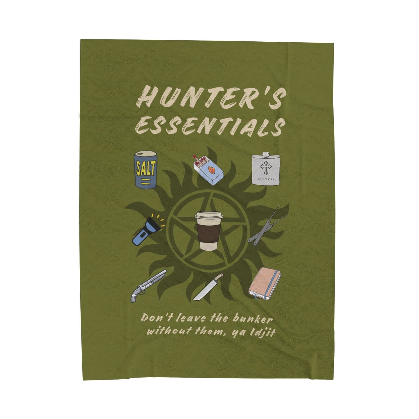 Hunter's Essentials Plush Velveteen Blanket - Supernatural Fan Design | Cozy Throw | Olive Green Fandom Blanket
