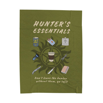 Hunter's Essentials Plush Velveteen Blanket - Supernatural Fan Design | Cozy Throw | Olive Green Fandom Blanket
