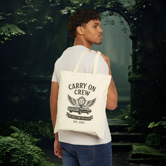 Carry On Crew Cotton Canvas Tote Bag - Supernatural Fan Design | Reusable Shopping & Everyday Bag | No Rest for the Idjits