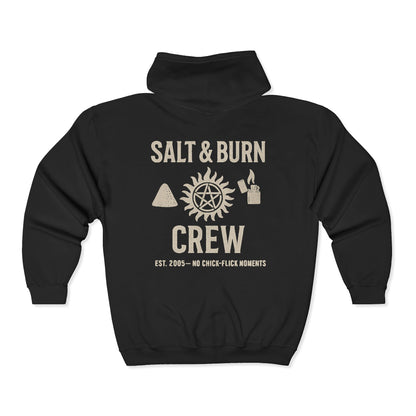 Salt & Burn Crew Zip Hoodie (Black) - Supernatural Fan Design | Full Zip Sweatshirt | Grunge Hunter