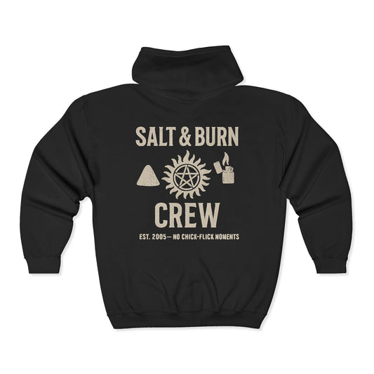Salt & Burn Crew Zip Hoodie (Black) - Supernatural Fan Design | Full Zip Sweatshirt | Grunge Hunter