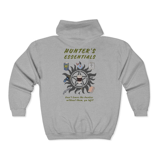 Hunter's Essentials Full Zip Hoodie - Supernatural Fan Design | Zip-Up Sweatshirt | Unisex Gildan 18600