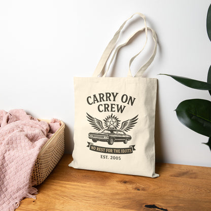 Carry On Crew Cotton Canvas Tote Bag - Supernatural Fan Design | Reusable Shopping & Everyday Bag | No Rest for the Idjits
