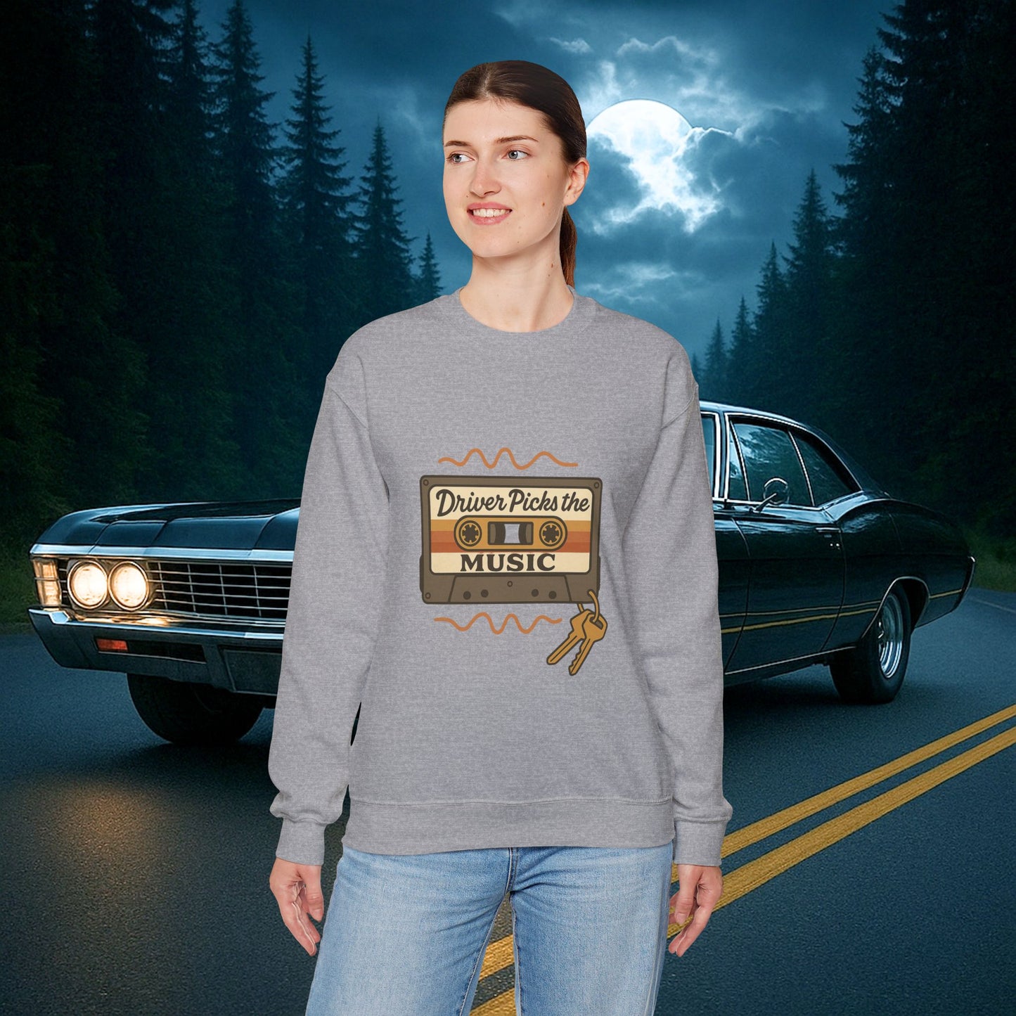 Driver Picks the Music Crewneck Sweatshirt - Supernatural Fan Design | Pullover | Vintage Road Trip Sweatshirt