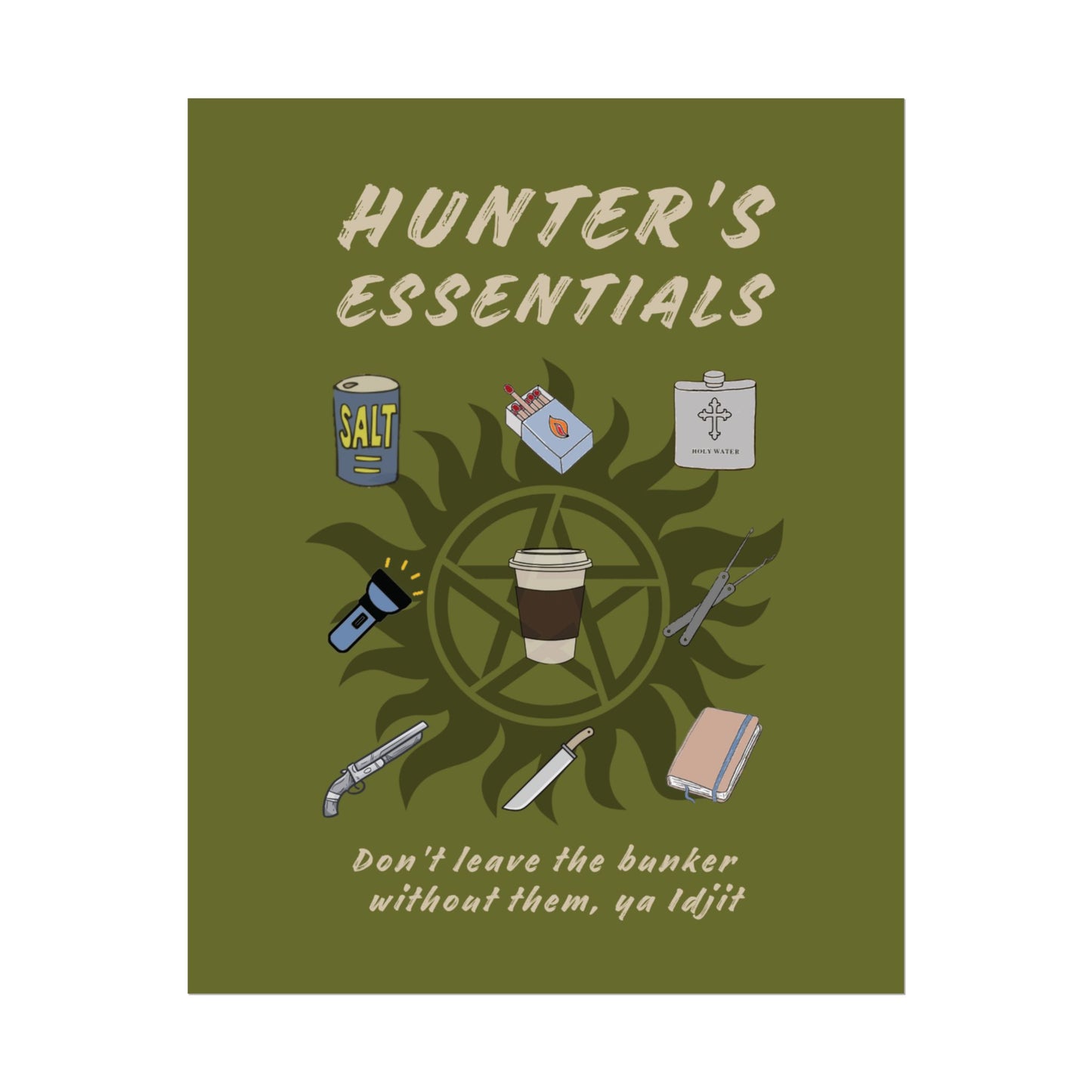 Hunter's Essentials Poster - Supernatural Fan Design | Wall Art for Fans | Olive Green Hunter Gear Print