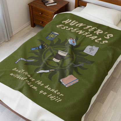 Hunter's Essentials Plush Velveteen Blanket - Supernatural Fan Design | Cozy Throw | Olive Green Fandom Blanket