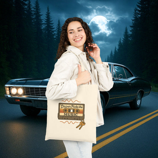 Driver Picks the Music Tote Bag - Supernatural Fan Design | Cotton Canvas Bag | Vintage Cassette Design for Hunters & Rock Lovers