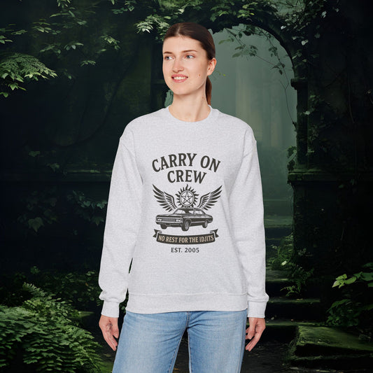 Carry On Crew Sweatshirt | Supernatural-Inspired Crewneck | No Rest for the Idjits | Unisex Gildan 18000 Pullover